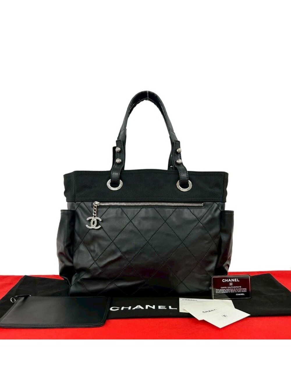 Chanel Card Number 11 Paris Biarritz GM Canvas Leather Tote Bag Black